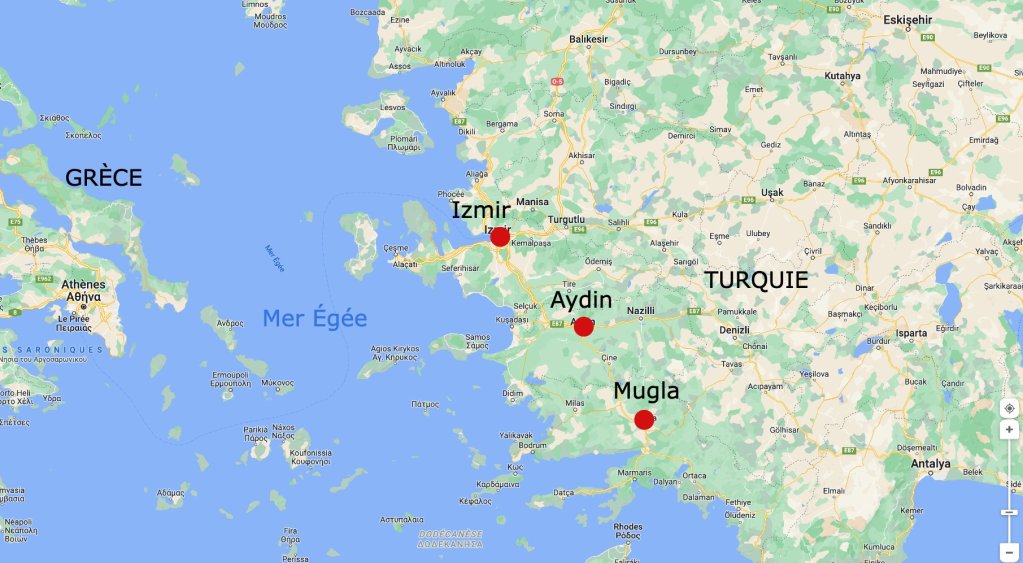 Les centres de détention d'Izmir, d'Aydin et de Mugla se trouvent à l'ouest de la Turquie. Crédit : Google Map