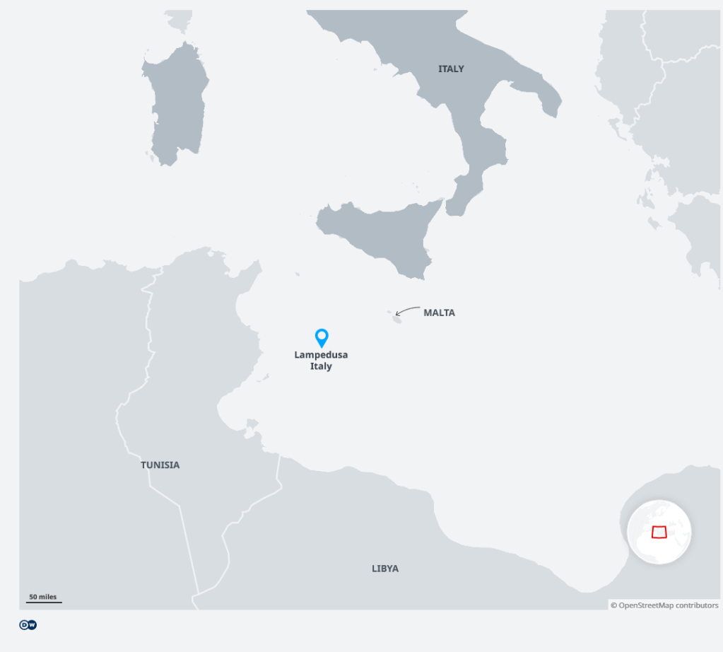 A map shows how close Lampedusa is to the Tunisian coast | Source: DW / Open street maps contributors