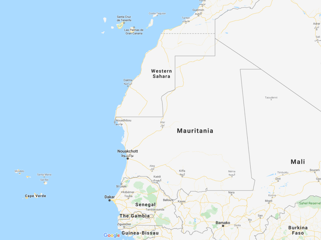 Screenshot of Western Africa region with Spain's Canary Islands in the top middle | Credit: Google Maps