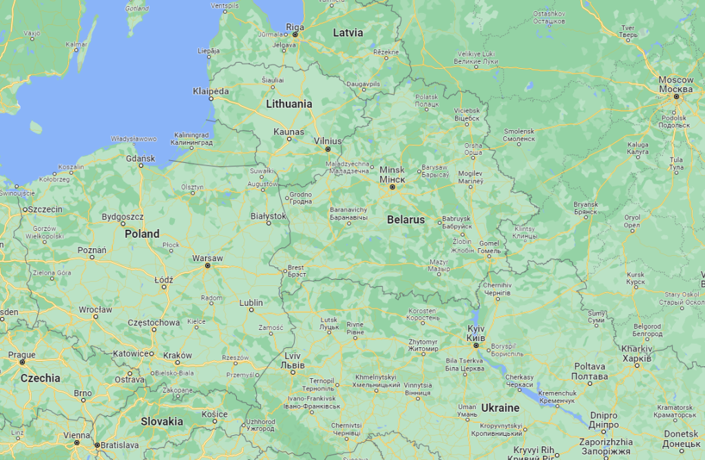 Map of Poland, Belarus, Lithuania, Latvia, Ukraine and Russia | Source: Google Maps