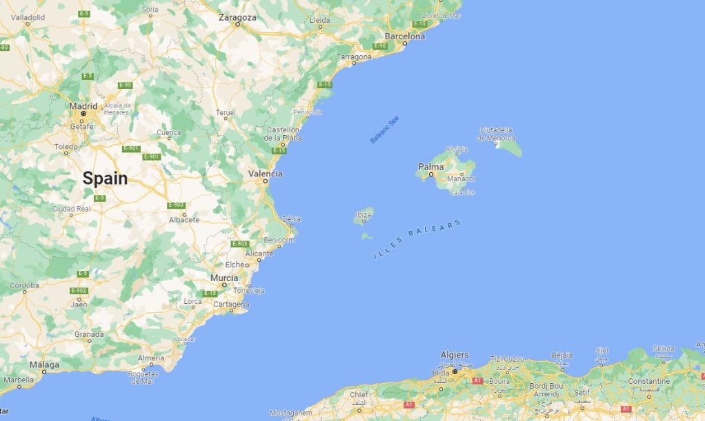 Map of Spain's Belearic Islands and Algeria's Mediterrean coast | Source: Google Maps