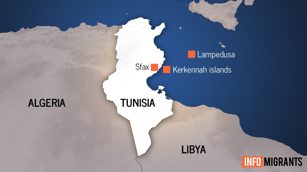 Map of Tunisia with neighboring countries Algeria and Libya as well as Tunisia's Kerkennah Islands and the Italian islands of Lampedusa and Sicily | Source: InfoMigrants