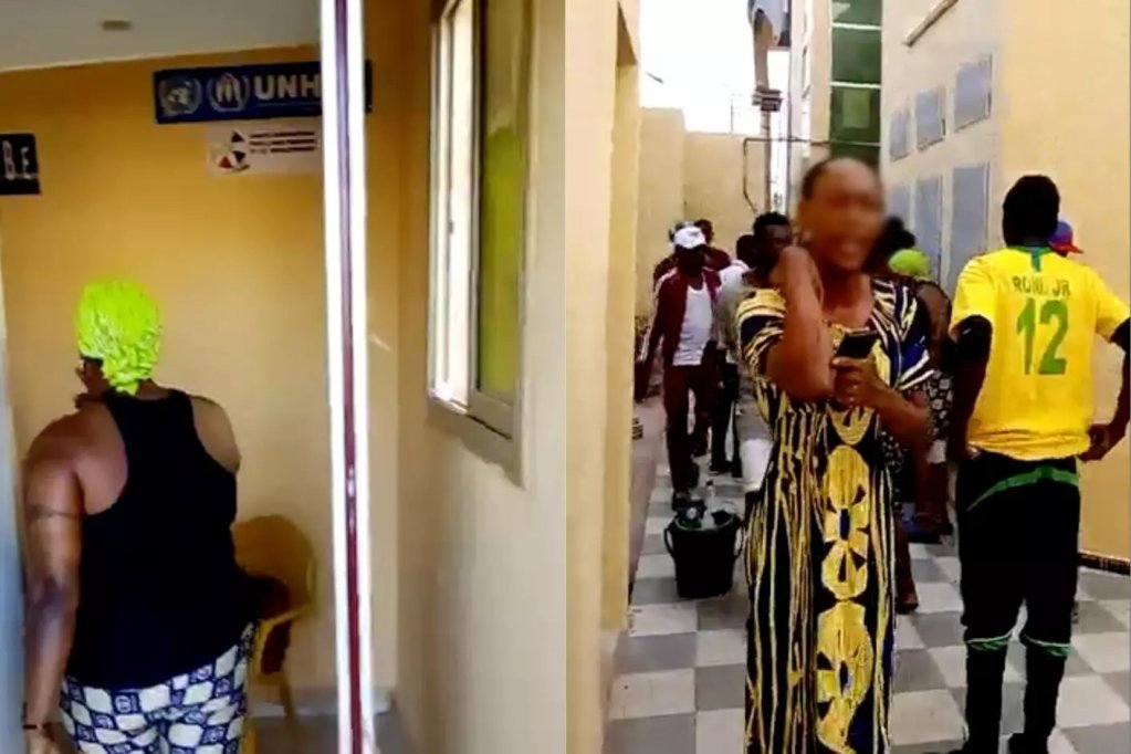 Des demandeurs d'asile LGBT tentant d'entrer dans les bureaux du HCR à Niamey, le 22 août. L'entrée leur est refusée par des vigiles. Crédit : DR