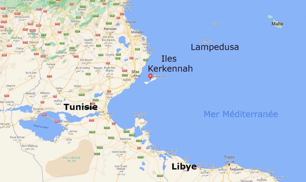 Les îles Kerkennah se situent au large de Sfax, dans le centre-est de la Tunisie. Crédit : Google Map
