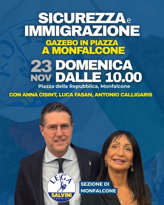 Anna Maria Cisint is from Monfalcone and visits her home city regularly, also for politcial campaigns, like this one where she is talking about "security and immigration" alongside the current mayor Luca Fasan and fellow League politician Antonio Calligaris | Source: X @annacisint