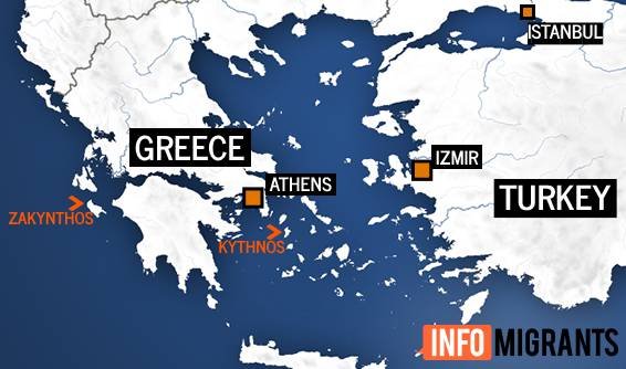 Map shows the islands of Zakynthos in the Ionian Sea and Kythnos in the Cycladian Sea