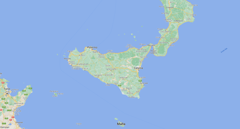 Map showing mainland Italy, Sicily, Malta and Tunisia | Source: Google Maps