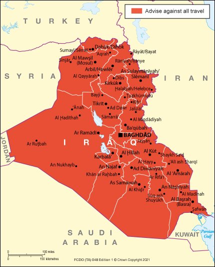 المملكة المتحدة تصنف العراق دولة غير آمنة وتنصح رعاياها بعدم السفر إليها. الموقع الرسمي للحكومة