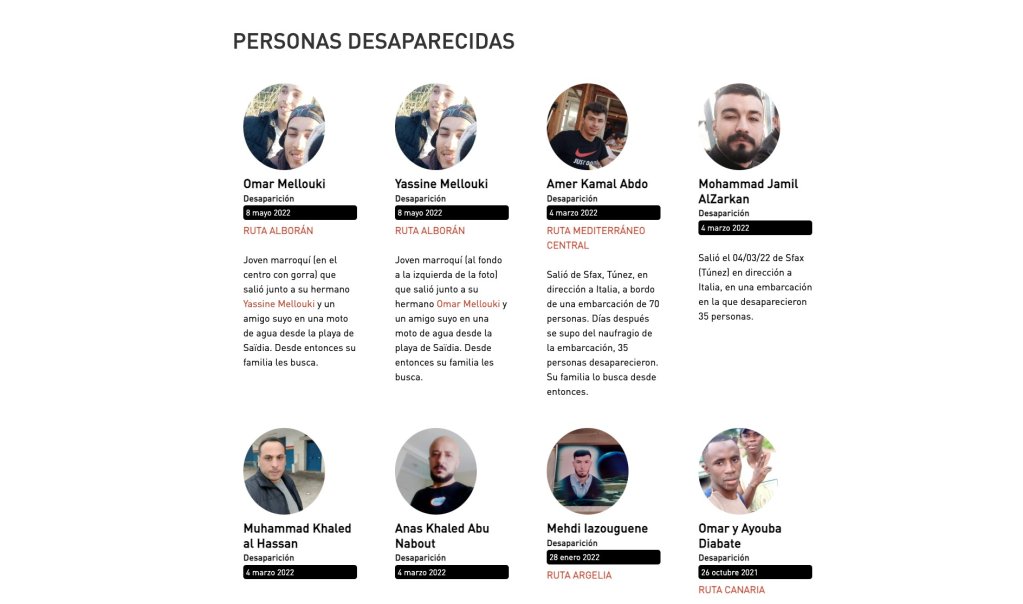 Sur son site Internet, Caminando Fronteras répertorie les migrants disparus sur la route maritime qui mène à l'Espagne. Crédit : Caminando Fronteras