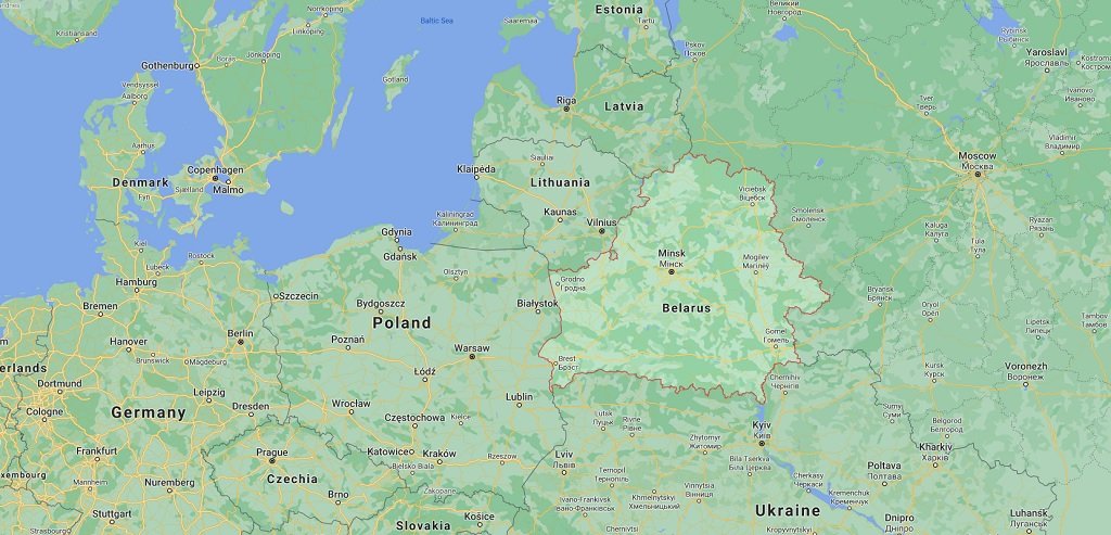 خريطة مأخوذة من موقع خرائط غوغل تظهر حدود بيلاروسيا المشتركة مع ليتوانيا. المصدر: غوغل