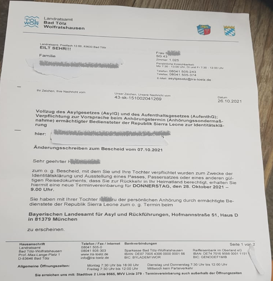 A letter sent by the city administration of Bad Tölz-Wolfratshausen in Munich to a Sierra Leonean national calling for him and his daughter to attend an identity interview | Photo: courtesy H.C., Munich, October 28, 2021