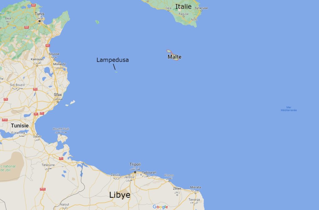 Lampedusa se trouve à 170 km de Malte. Crédit : Google map