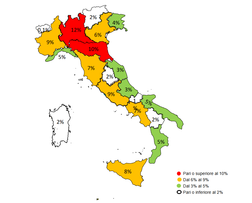 The Italian Interior Ministry shows a map of Italy with the percentage of migrants being hosted in each region | Source: www.interno.gov.it