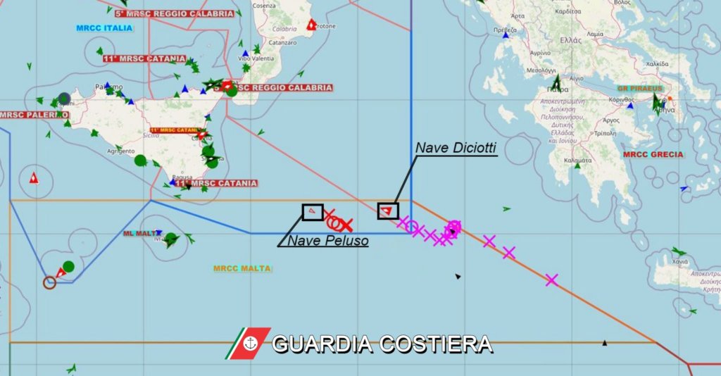 A map released on Monday, April 10 by the Italian coast guard shows the position at the time of the two migrant boats their ships Diciotti and Peluso were helping | Photo: Italian Coast Guard (Guardia Costiera) press release