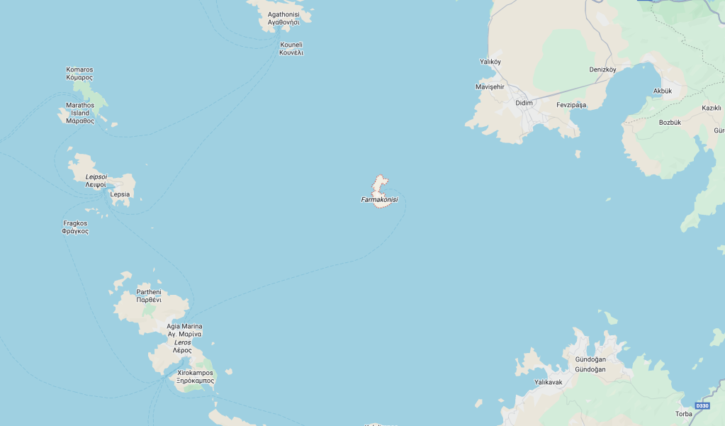 Map showing the location of Farmakonisi, a small Greek island in the eastern Aegean Sea, close to Turkey | Screenshot: Google Maps