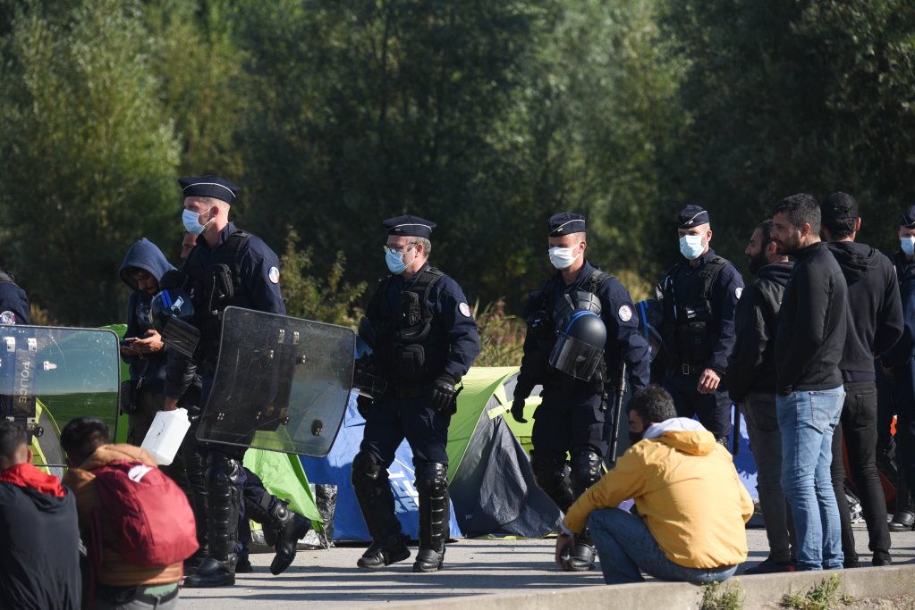 A French police operation in the migrant camp located near the Calais hospital on September 02, 2020. Every two days, migrants have to take their tents and belongings outside the perimeter. 
