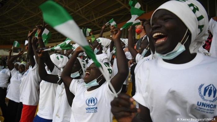 Girls from the Minawao Refugee Camp celebrate at the Nigeria and Sudan game | Photo: Xavier Bourgois / UNHCR