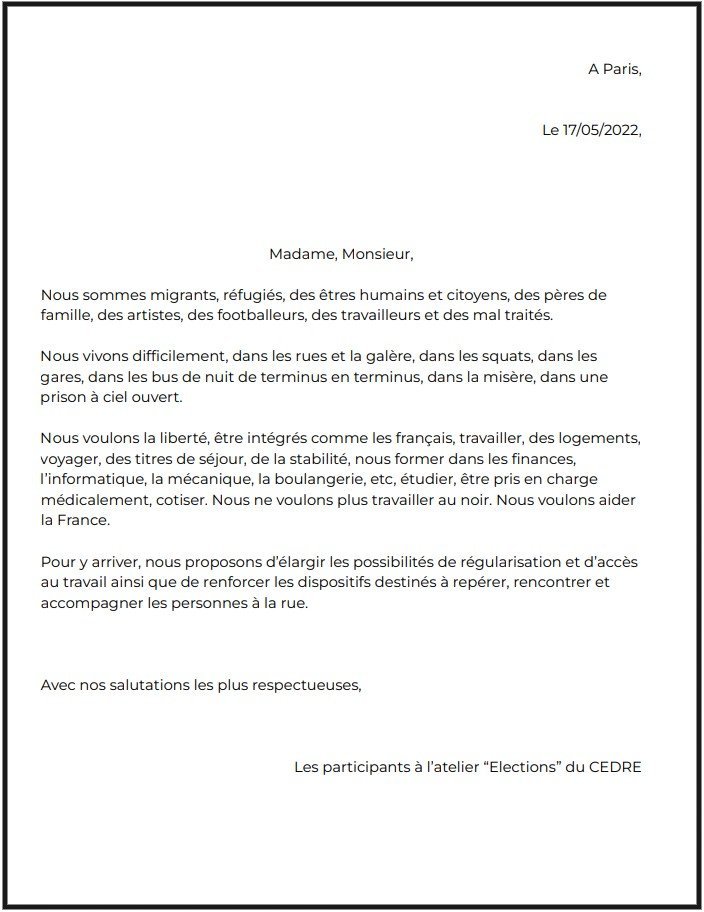 نامه مهاجران بدون اسناد به پارلمان فرانسه. عکس: حق کاپی محفوظ است