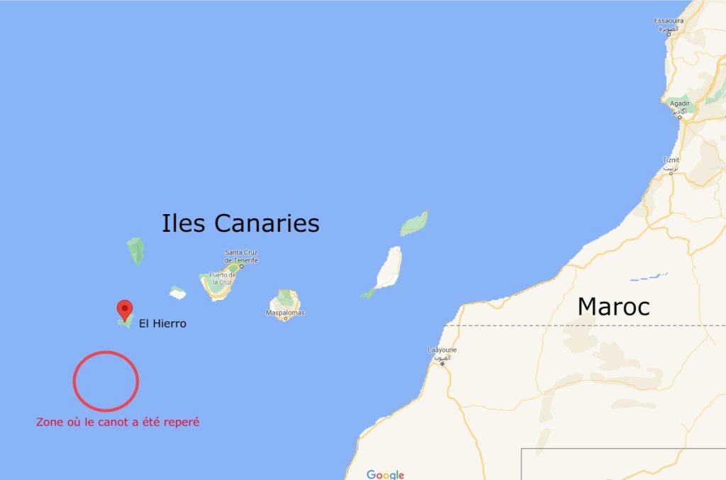 Le canot dérivait à plus de 450 km au sud-ouest de d'île d'El Hierro. Crédit : Google map