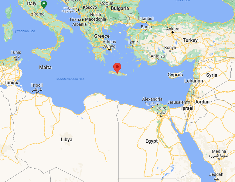 Map showing the Greek island of Crete as well as Libya and other Mediterranean states | Source: Google Maps