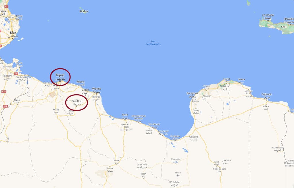 La ville de Bani Walid se trouve à une centaine de kilomètres de Tripoli. Crédit : Google Maps