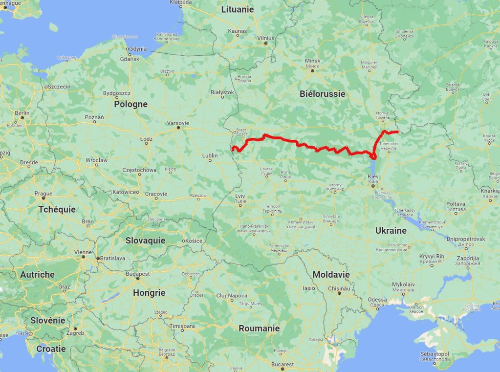 La frontière entre l'Ukraine et la Biélorussie est longue de 900 km. Crédit : Google map