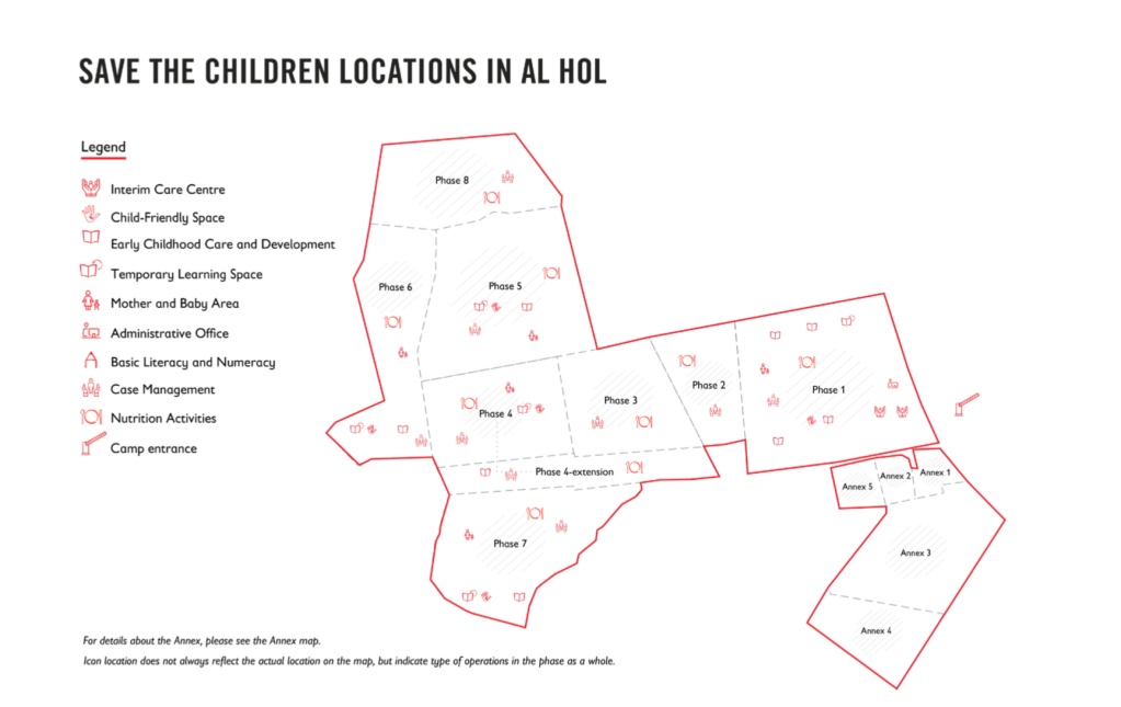 نقاط تمركز منظمة أنقذوا الأطفال ضمن خريطة مخيم الهول في محافظة الحسكة شمال شرق سوريا على الحدود مع العراق. الصورة: مجتزءة من تقرير منظمة أنقذوا الأطفال