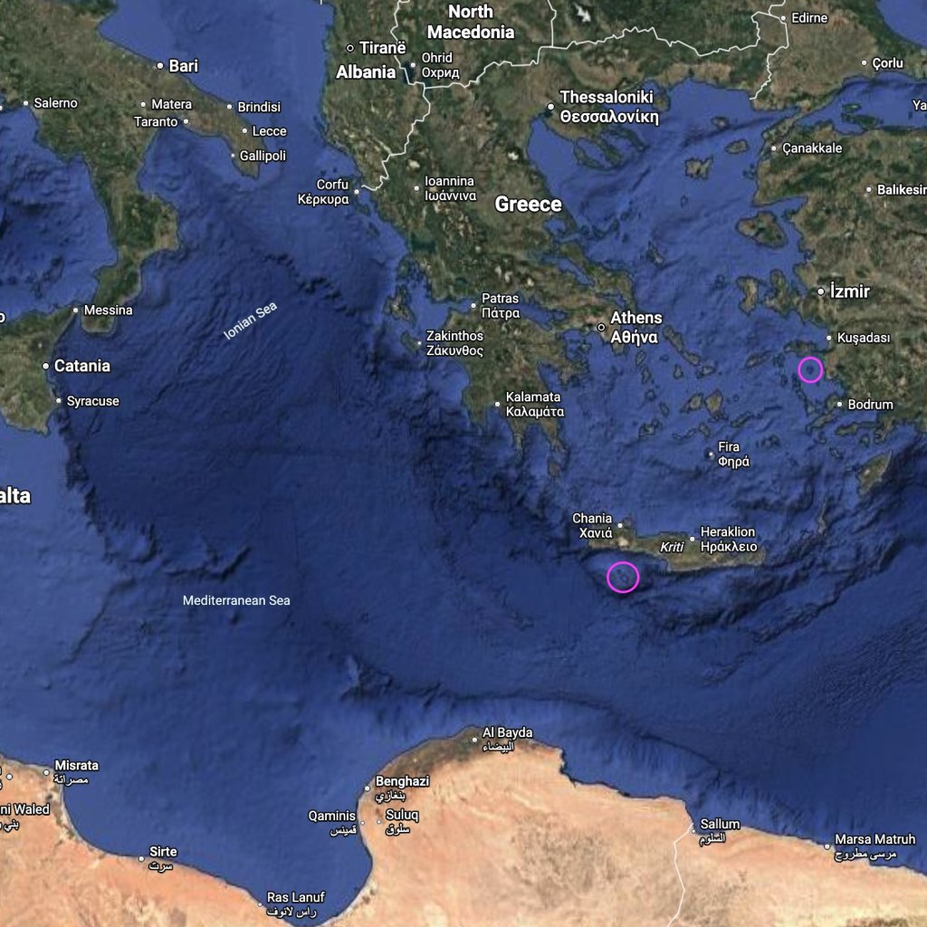 The Greek islands of Gavdos and Agathonisi highlighted | Source: Google Maps