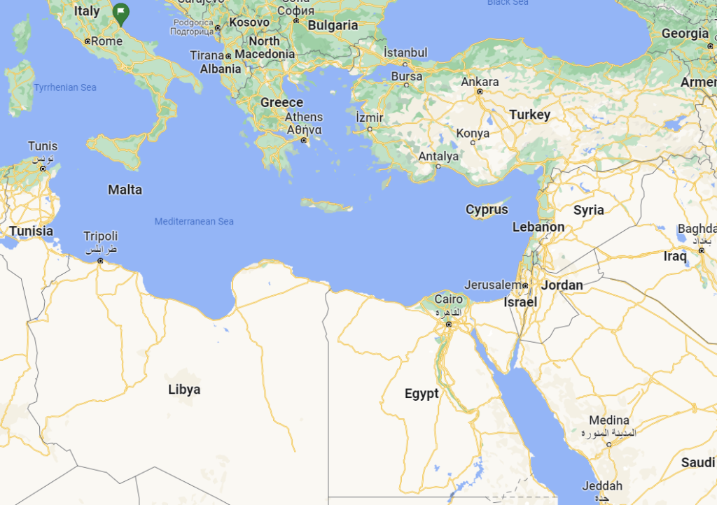Map showing Mediterranean countries Egypt, Turkey, Greece, Italy and others | Source: Google Maps