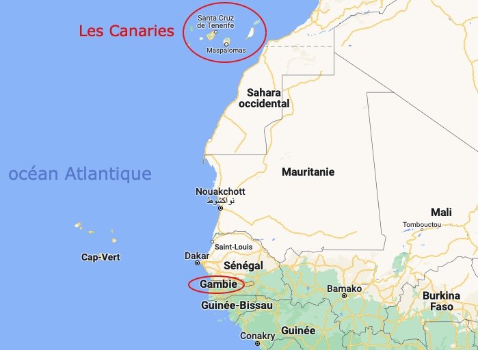 La Gambie se trouve à environ 1000 km des Canaries. Crédit : Google maps