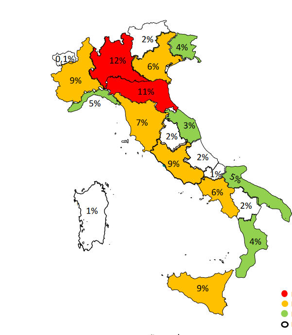 A map on the Italian Interior Ministry website from May 31, 2022 shows the percentage of distribution of migrants in each Itailan region | Source: Italian Interior Ministry