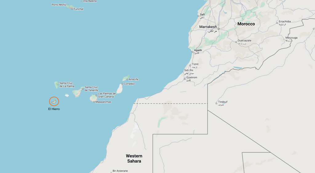 El Hierro, a small Spanish island in the Atlantic Ocean off the northwest coast of Africa, is the westernmost and southernmost of the Canary Islands. It has an estimated population of around 12,000 | Screenshot: Google Maps
