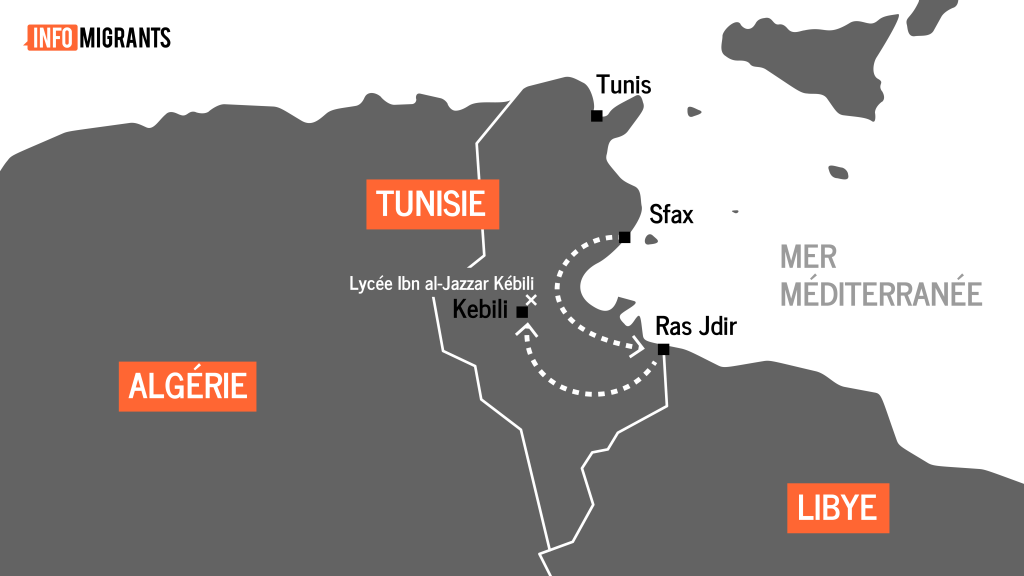 Le trajet des migrants enfermés dans le lycée Ibn al-Jazzar depuis leur rafle la nuit du 3 juillet. Crédit : InfoMigrants