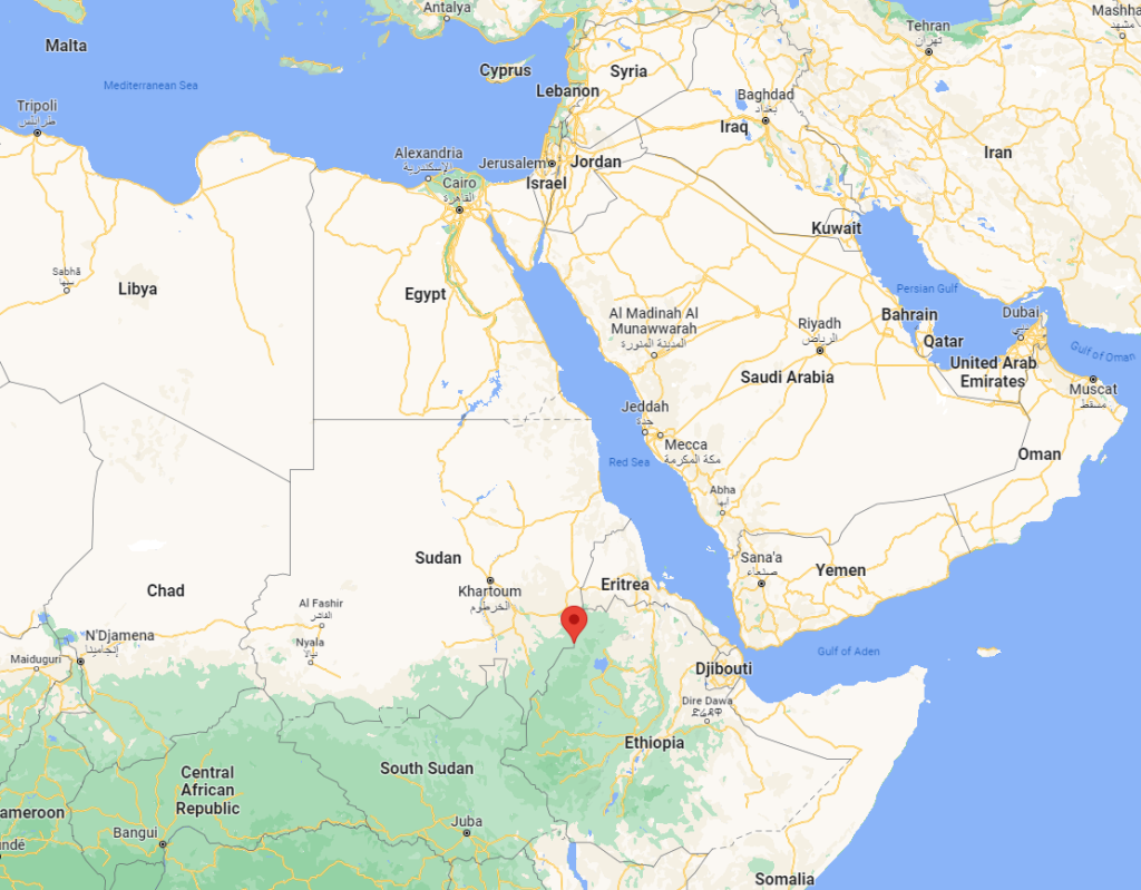 Map showing Metema (red marker), an Ethiopian town on the Ethiopia-Sudan border | Credit: Google Maps