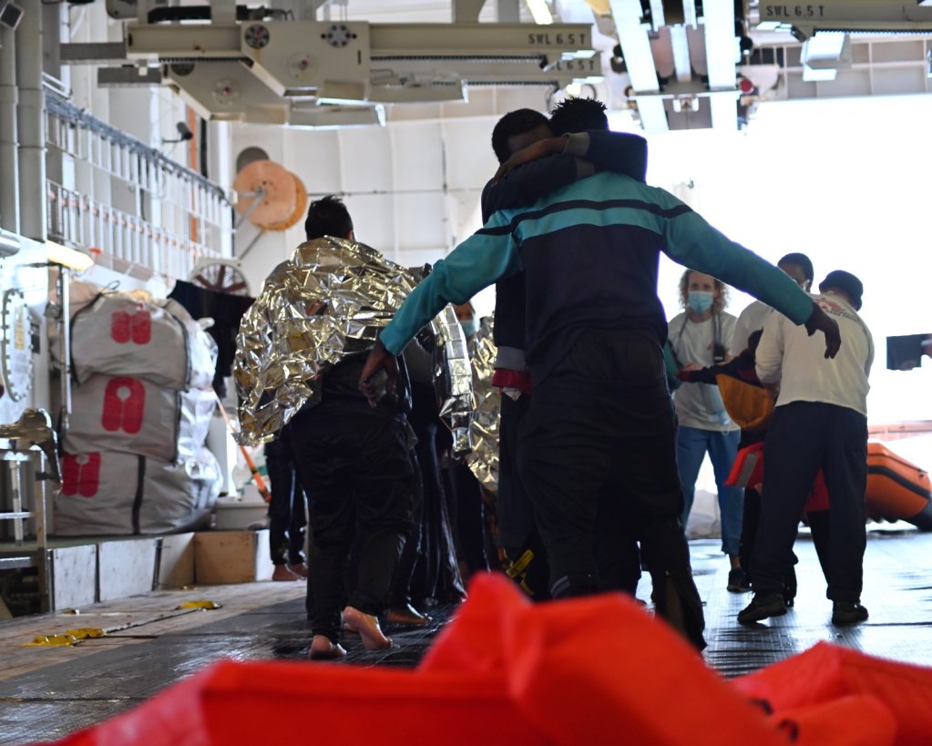 The relief is palpable as those rescued climb on board the Geo Barents | Photo: Candida Lobes via @MSF_Sea