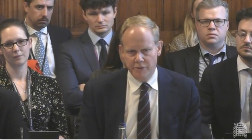 A still from the video of Sir Matthew Rycroft giving evidence to the Public Accounts Committee on Monday, April 15 in the UK | Source: Still from UK Parliament video of Public Accounts Committee proceedings