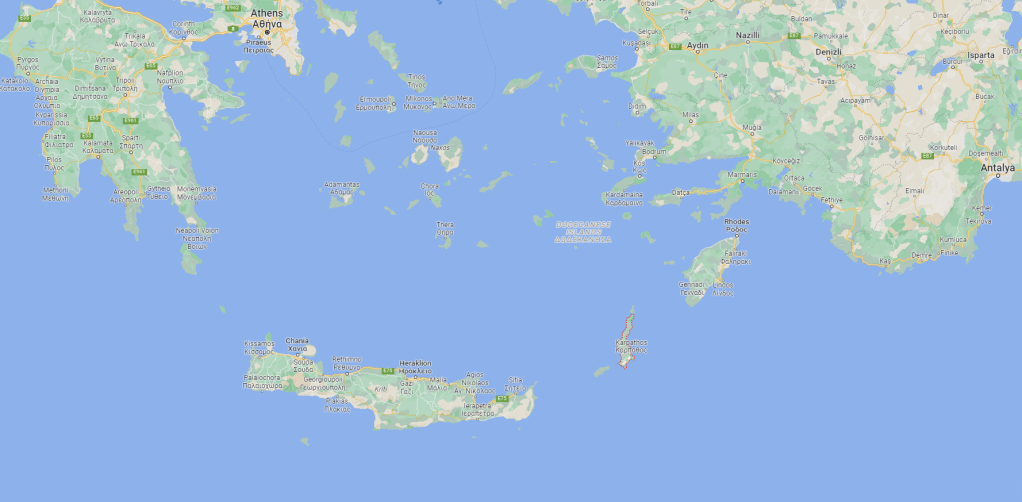 Map showing the Greek islands of Karpathos, Crete, Rhodes and Kos | Source: Google Maps