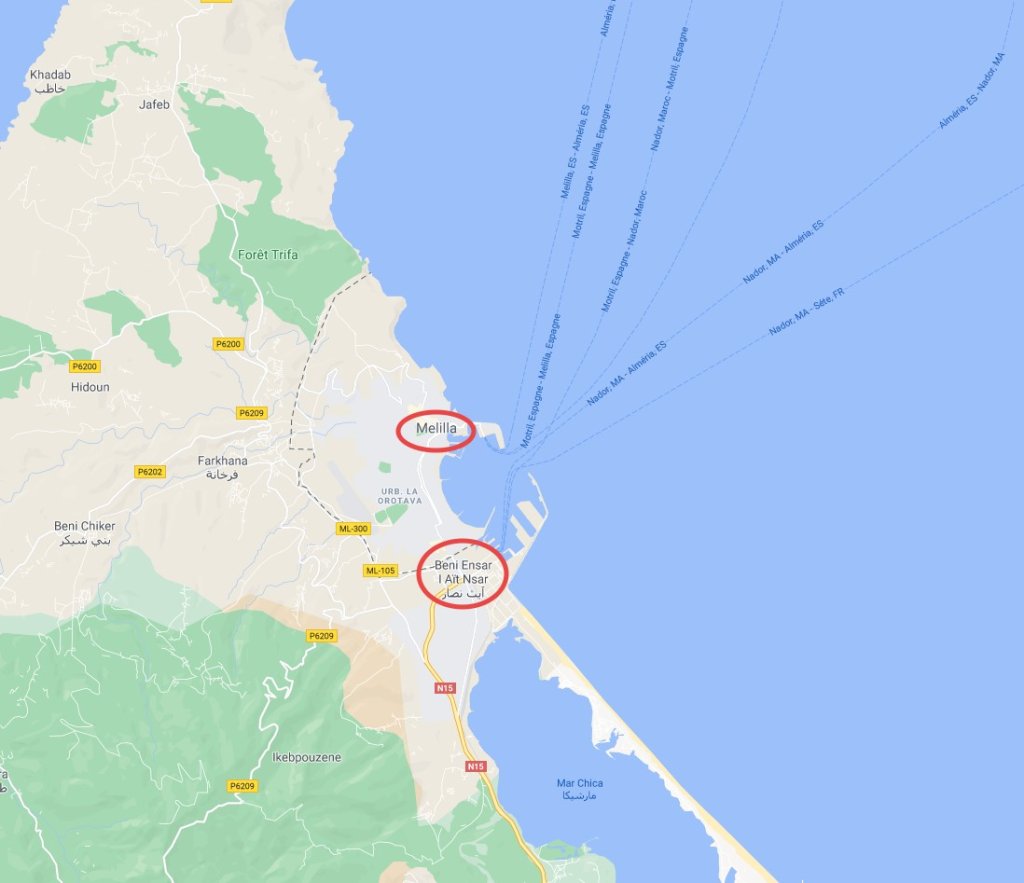L'enclave espagnole de Melilla au Maroc est à moins de 1 km du port marocain de Beni Ansar. Crédit : Google Image