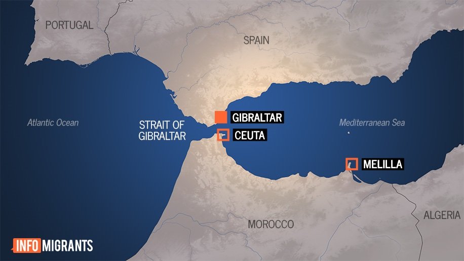 Die spanischen Enklaven Ceuta und Melilla, die durch die Straße von Gibraltar und das Mittelmeer von Spanien getrennt sind | Credit: InfoMigrants