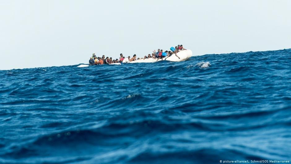 File photo of migrants on an inflatable boat in the Mediterranean Sea. Credit: Picture Alliance