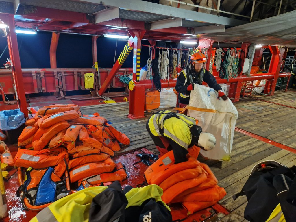 Getting life vests ready on the Ocean Viking, December 2022 | Photo: Frey Lindsay