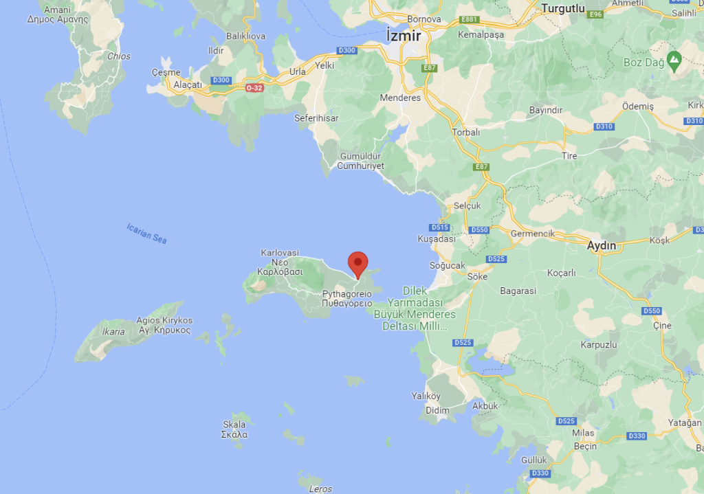 Map showing the Aegan island of Samos and the town of Vathy (red marker) | Source: Google Maps