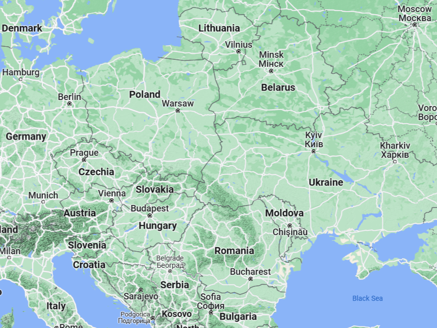 Map showing Ukraine, Poland, parts of Germany and other European countries | Source: Google Maps