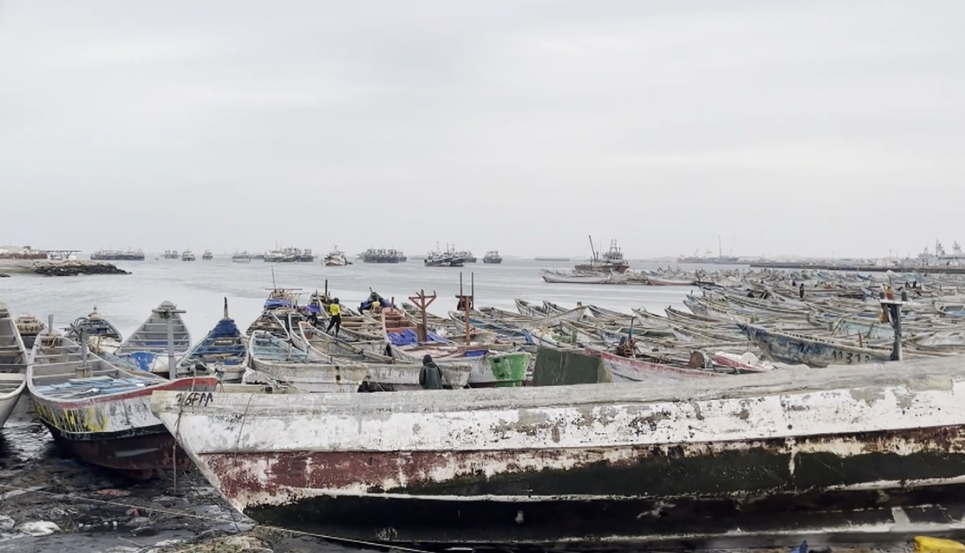 Hundreds of pirogues, wooden fishing boats, line the beach at Nouakchott, Mauritania | Screenshot dw.com