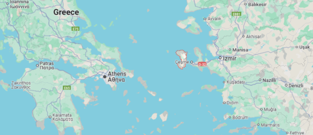 Map showing the Aegean Island of Chios (circled red) and the southern Greek island of Crete | Credit: Google Maps