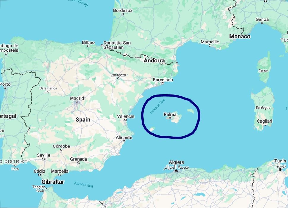 File photo: A map of Spain, the Balearics off its east coast, and the north coast of Algeria | Source: Google maps