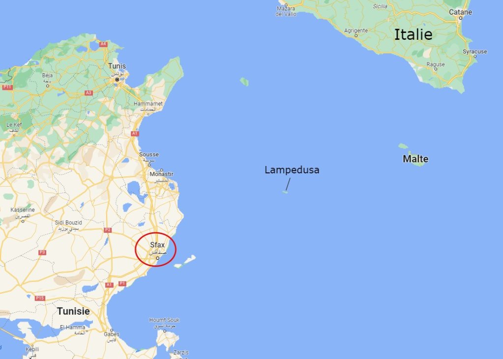 Sfax se trouve à environ 200 km de Lampedusa. Crédit : Google map